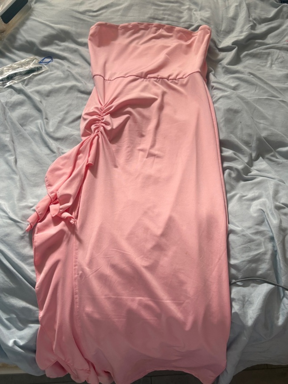 Strapless Pink Ruched Side Maxi Dress